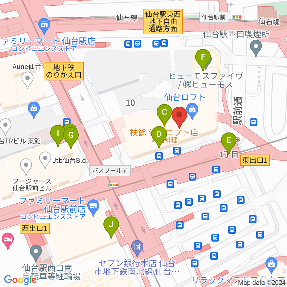 島村楽器 仙台ロフト店周辺のファミレス・ファーストフード一覧地図