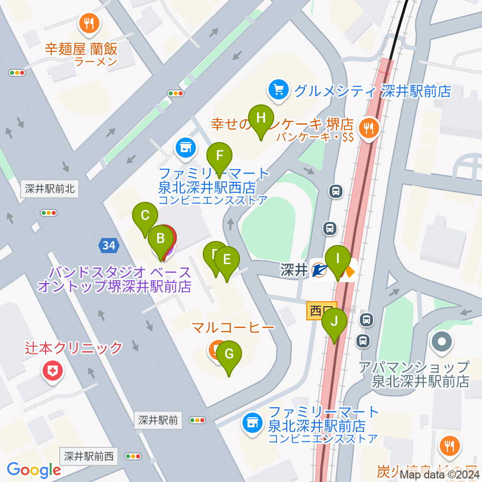 ベースオントップ深井駅前店周辺のファミレス・ファーストフード一覧地図