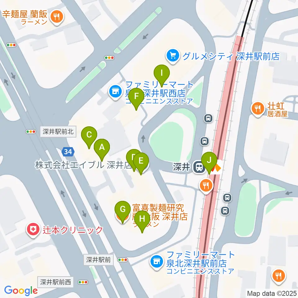 ベースオントップ深井駅前店周辺のファミレス・ファーストフード一覧地図