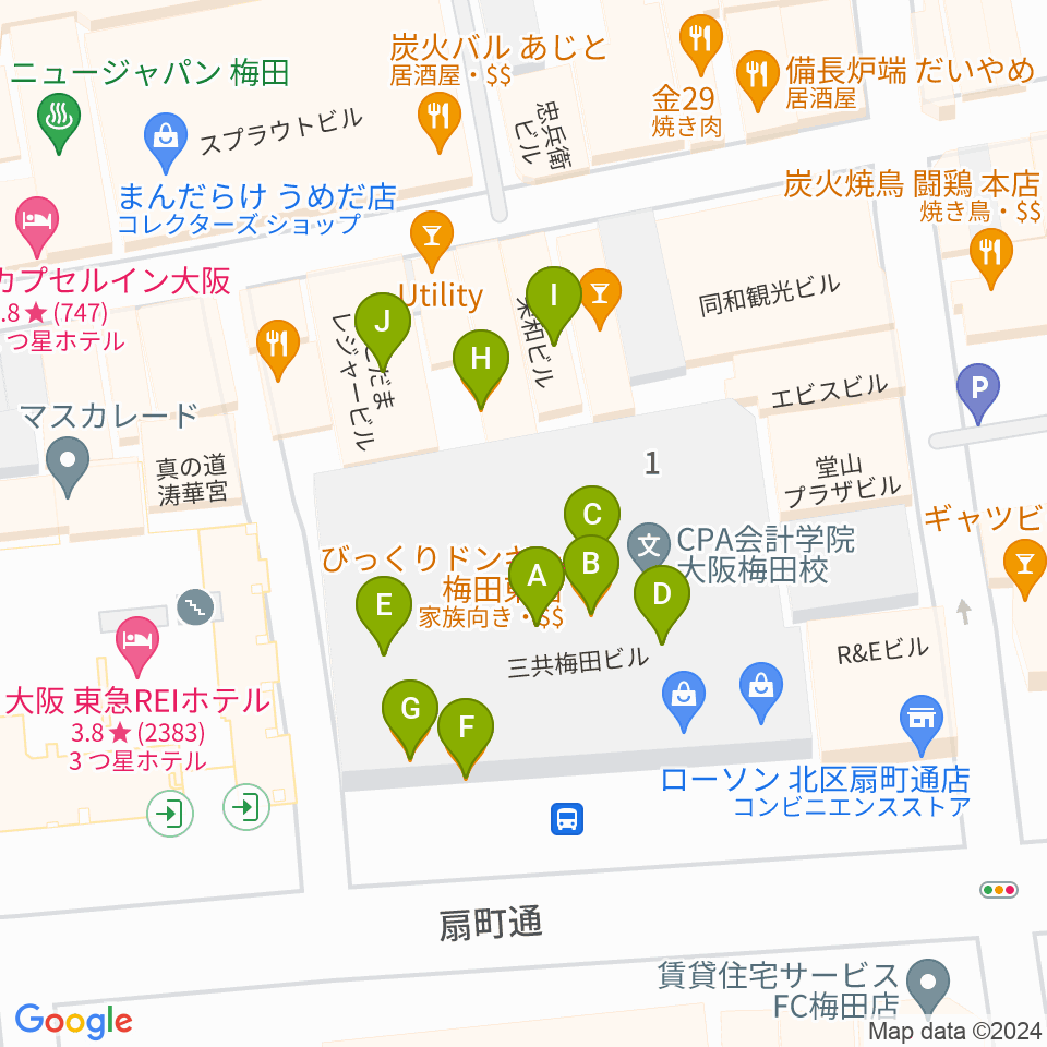 ベースオントップ大阪梅田店周辺のファミレス・ファーストフード一覧地図