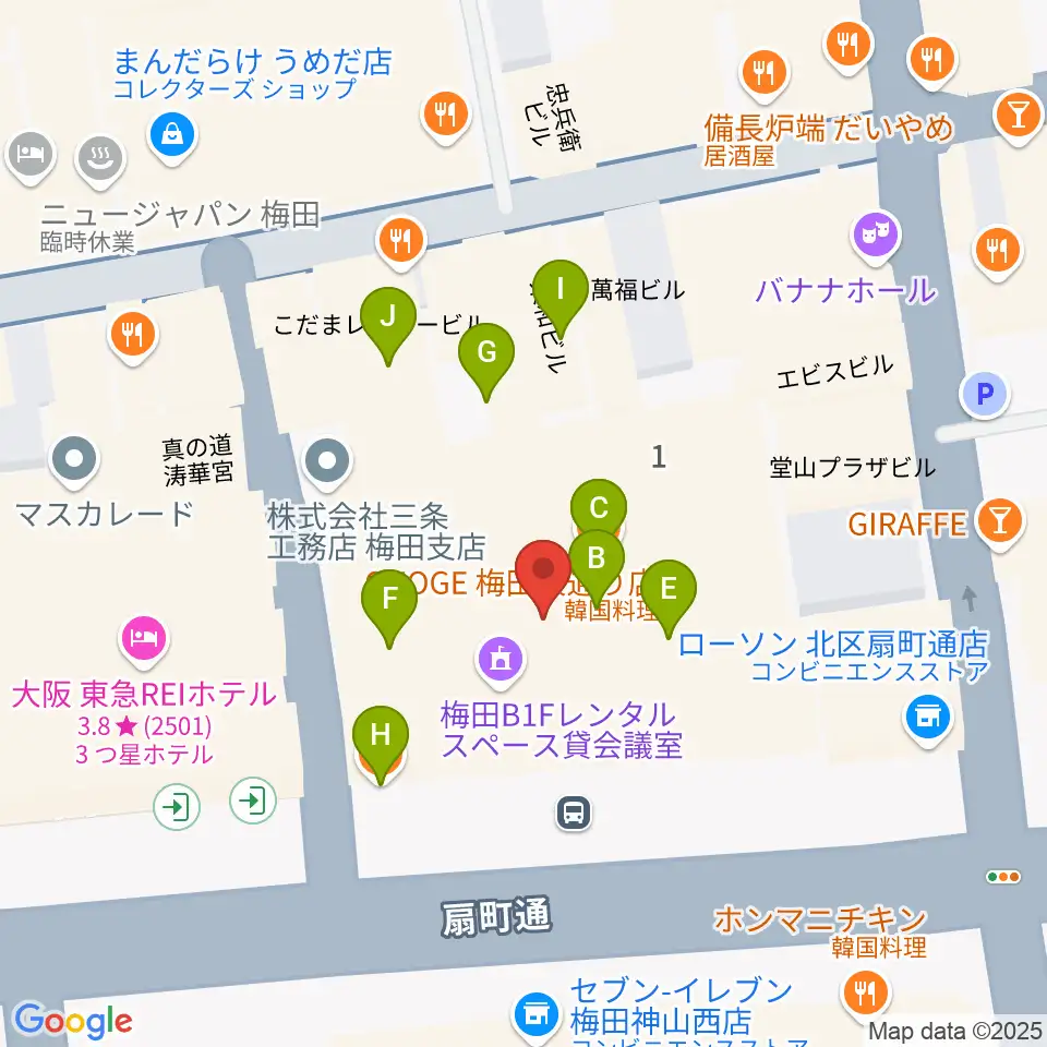 ベースオントップ大阪梅田店周辺のファミレス・ファーストフード一覧地図