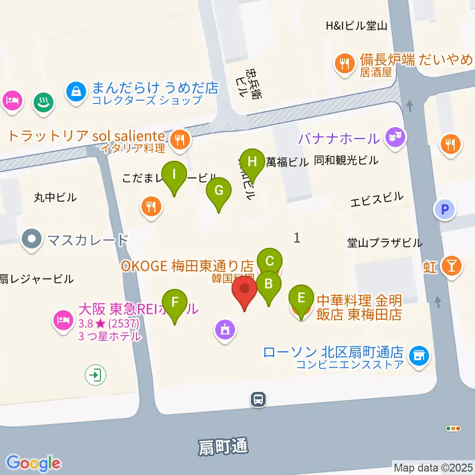 ベースオントップ大阪梅田店周辺のファミレス・ファーストフード一覧地図