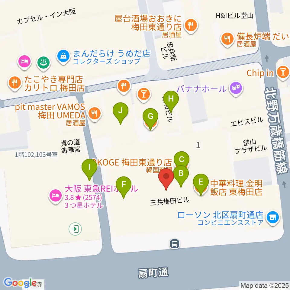 ベースオントップ大阪梅田店周辺のファミレス・ファーストフード一覧地図