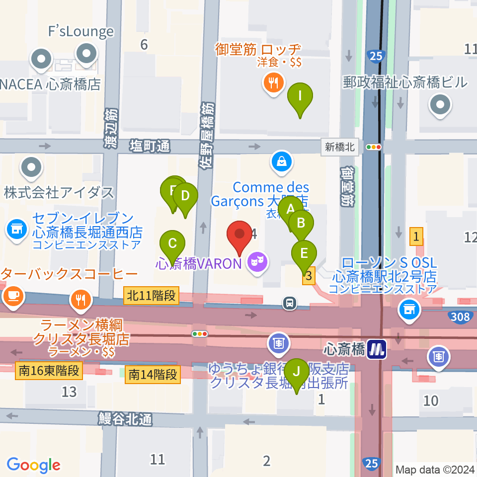 ベースオントップ心斎橋店周辺のファミレス・ファーストフード一覧地図