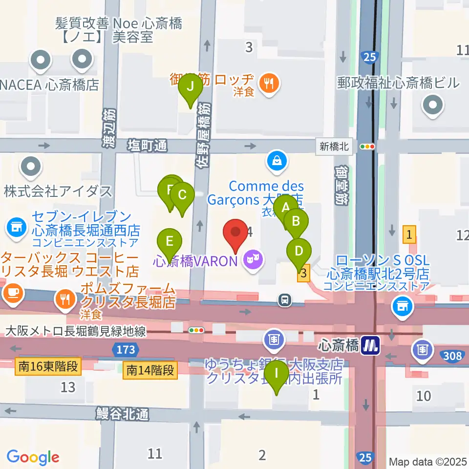 ベースオントップ心斎橋店周辺のファミレス・ファーストフード一覧地図