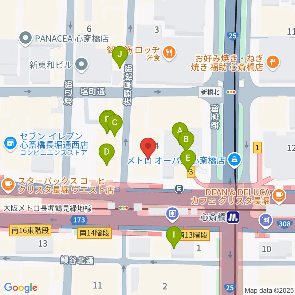 ベースオントップ心斎橋店周辺のファミレス・ファーストフード一覧地図