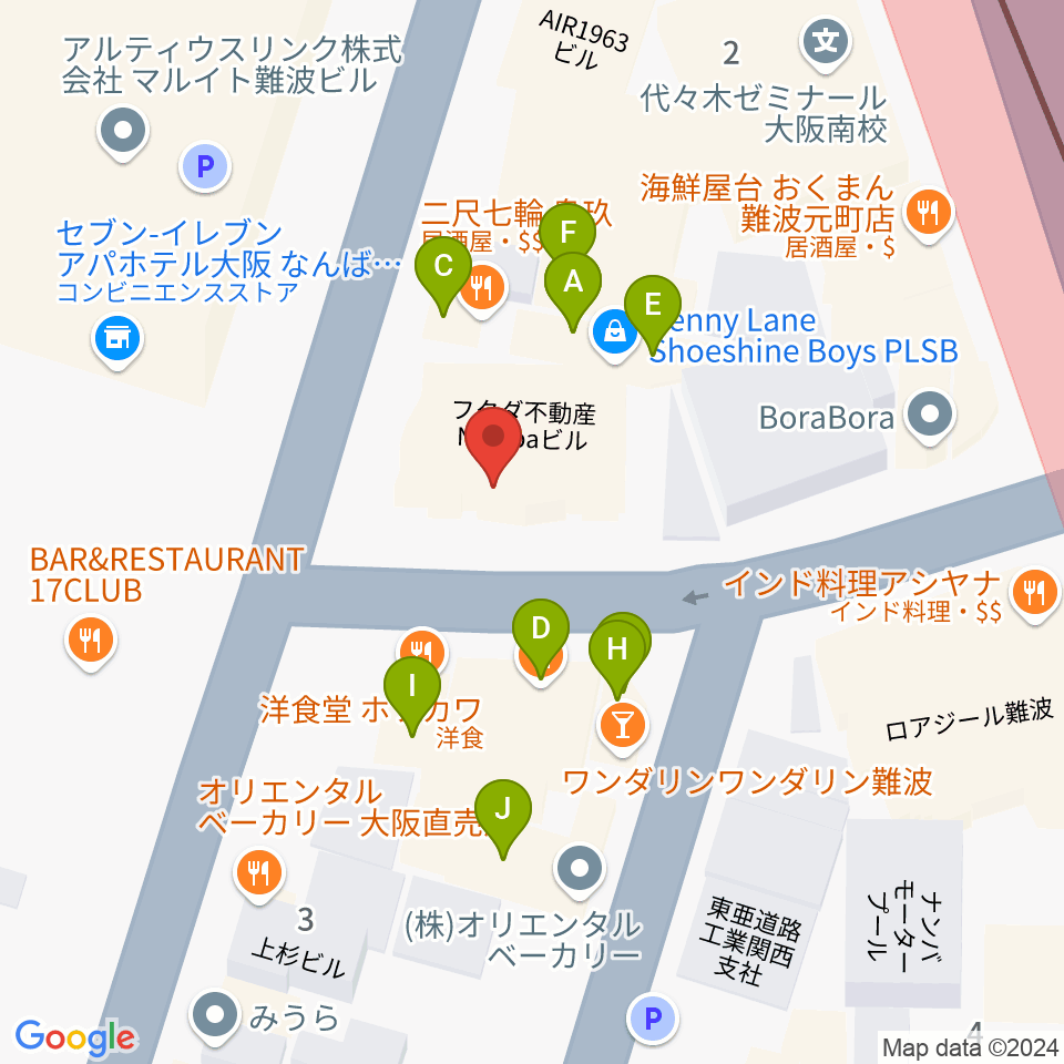 ベースオントップなんば店周辺のファミレス・ファーストフード一覧地図