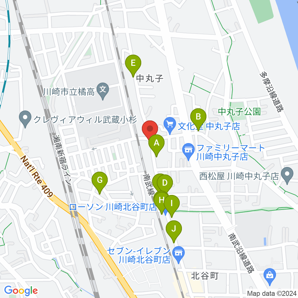 京浜楽器本社周辺のファミレス・ファーストフード一覧地図