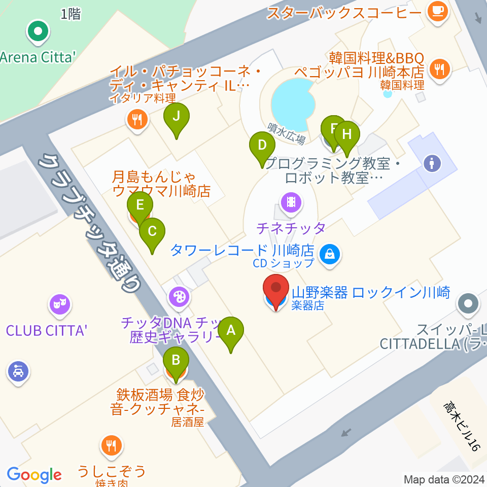 山野楽器ロックイン川崎周辺のファミレス・ファーストフード一覧地図