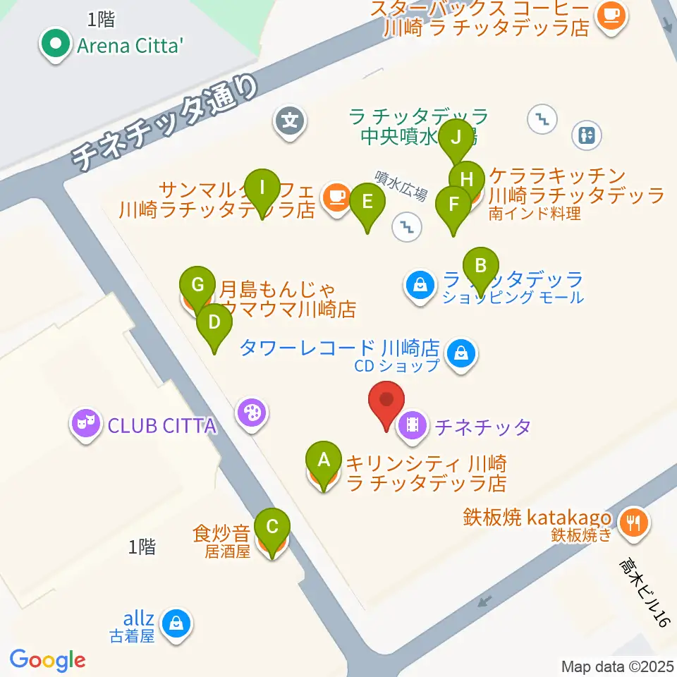 山野楽器ロックイン川崎周辺のファミレス・ファーストフード一覧地図