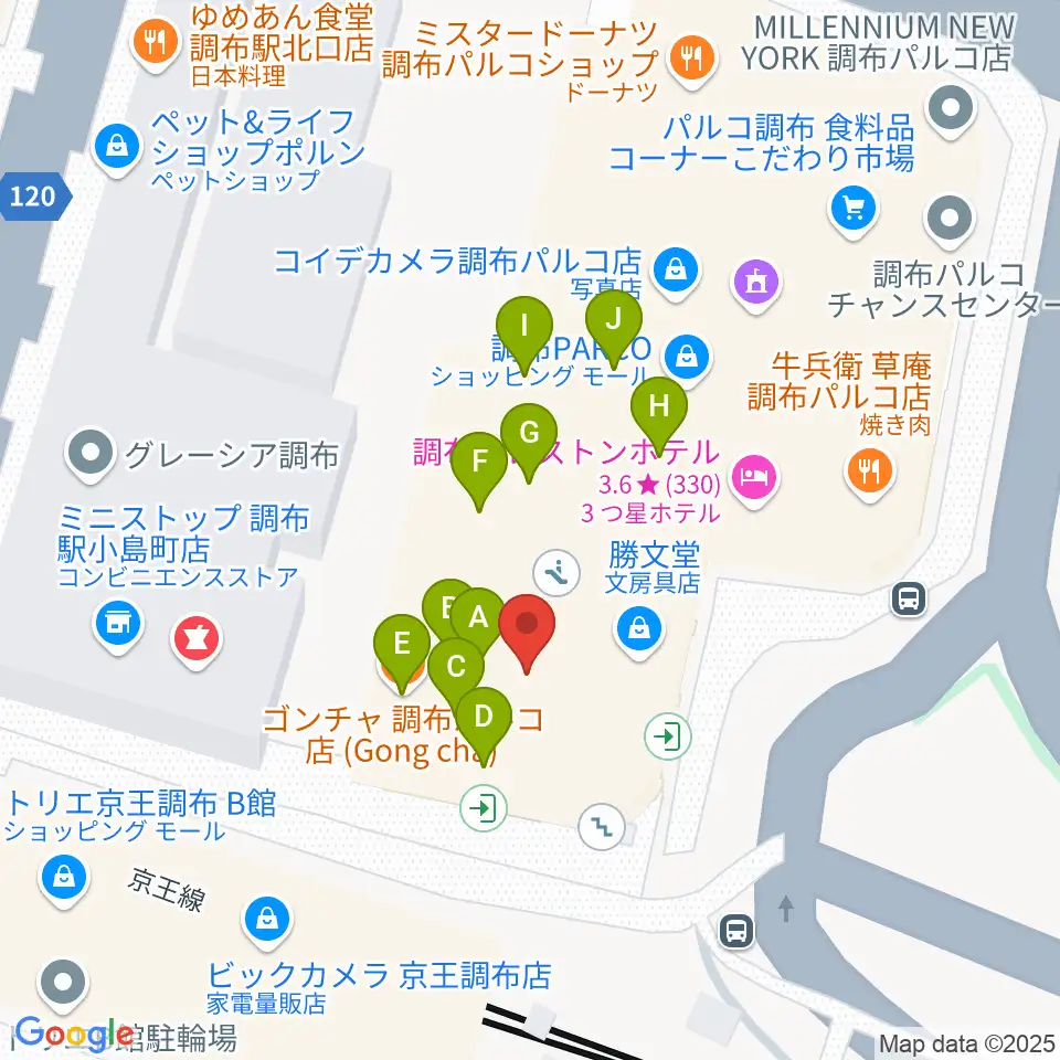 山野楽器 調布パルコ店周辺のファミレス・ファーストフード一覧地図