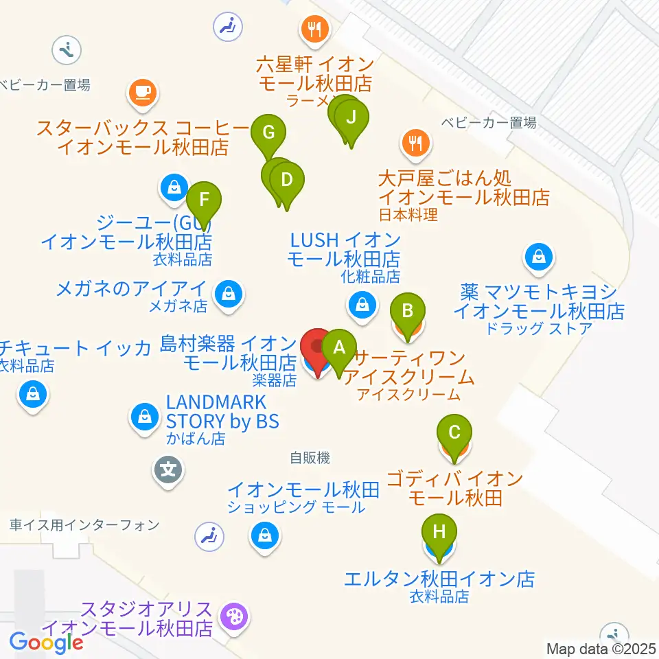 島村楽器 イオンモール秋田店周辺のファミレス・ファーストフード一覧地図