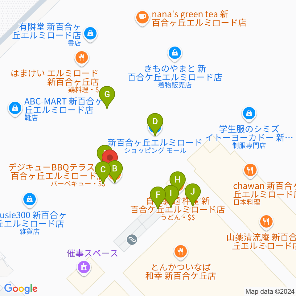 山野楽器 新百合ヶ丘エルミロード店周辺のファミレス・ファーストフード一覧地図