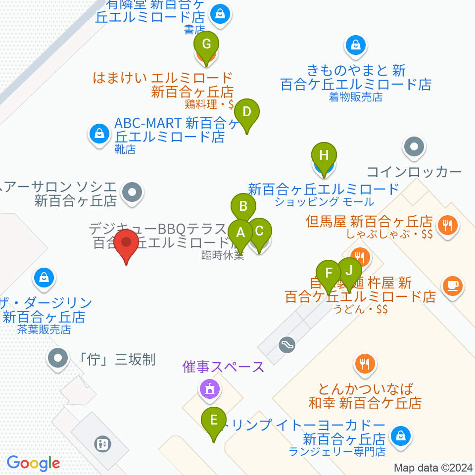 山野楽器 新百合ヶ丘エルミロード店周辺のファミレス・ファーストフード一覧地図