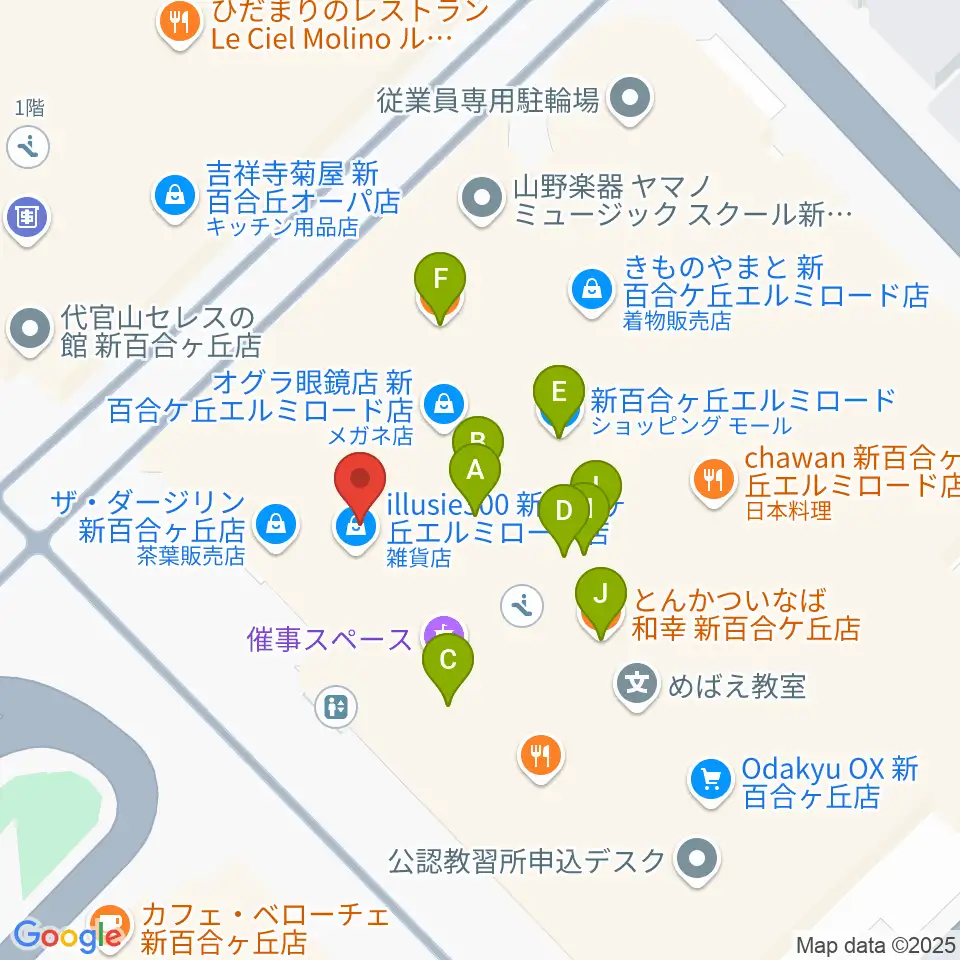 山野楽器 新百合ヶ丘エルミロード店周辺のファミレス・ファーストフード一覧地図