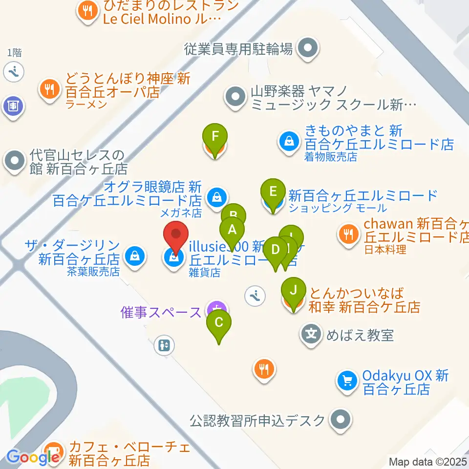 山野楽器 新百合ヶ丘エルミロード店周辺のファミレス・ファーストフード一覧地図