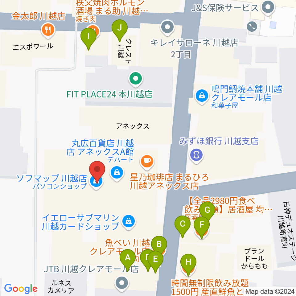 山野楽器 丸広川越店周辺のファミレス・ファーストフード一覧地図