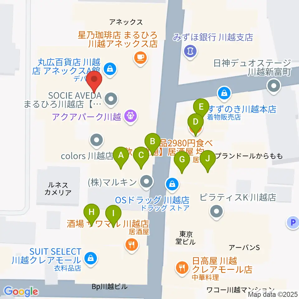 山野楽器 丸広川越店周辺のファミレス・ファーストフード一覧地図