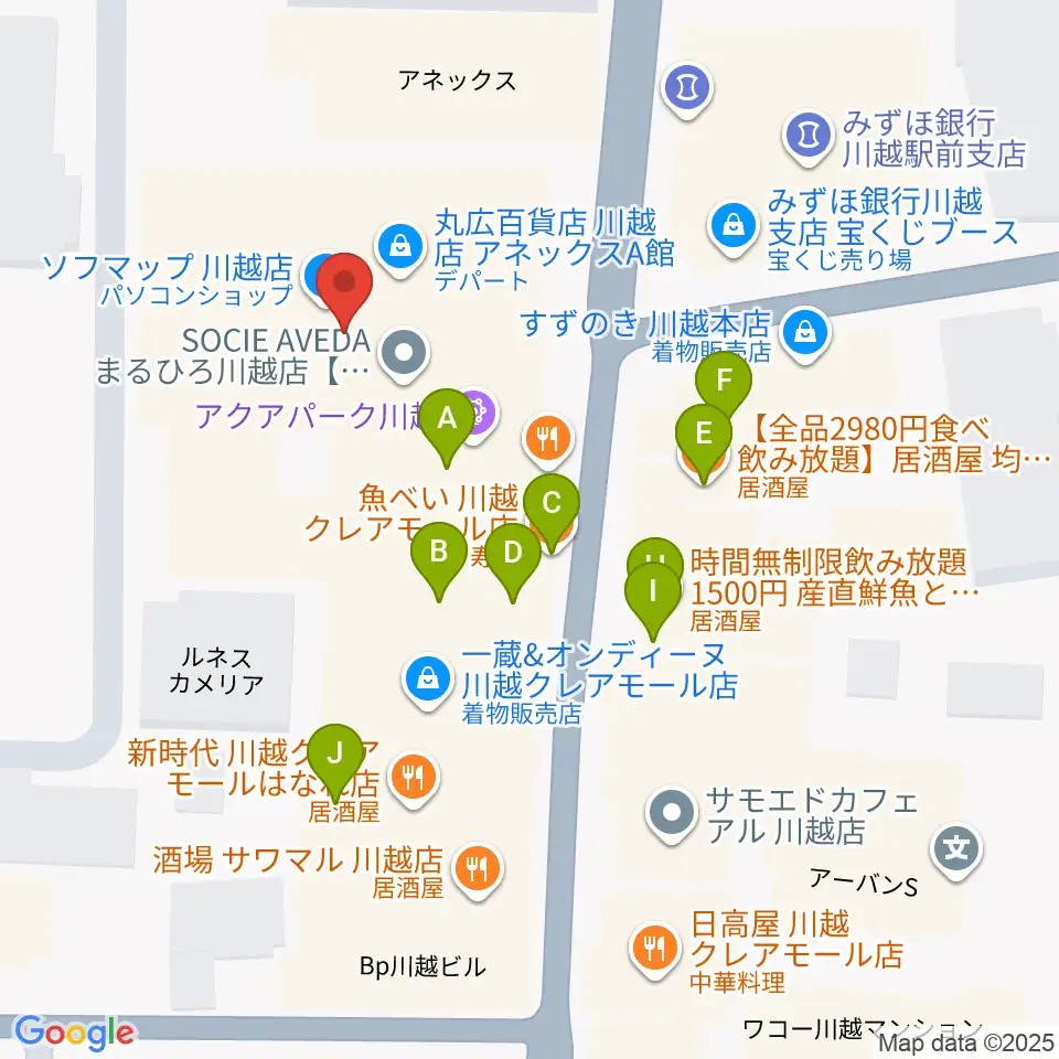 山野楽器 丸広川越店周辺のファミレス・ファーストフード一覧地図