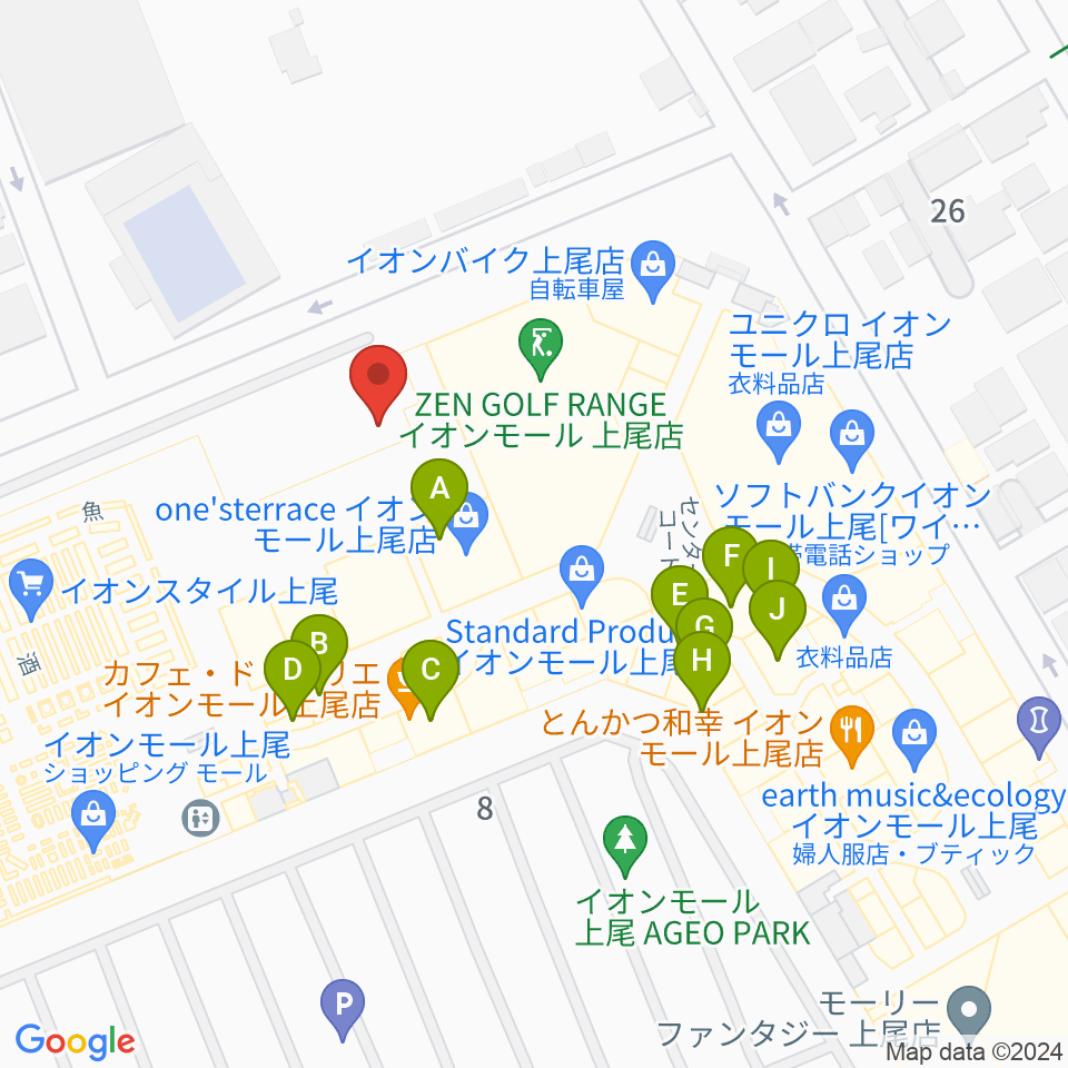 山野楽器イオンモール上尾店周辺のファミレス・ファーストフード一覧地図
