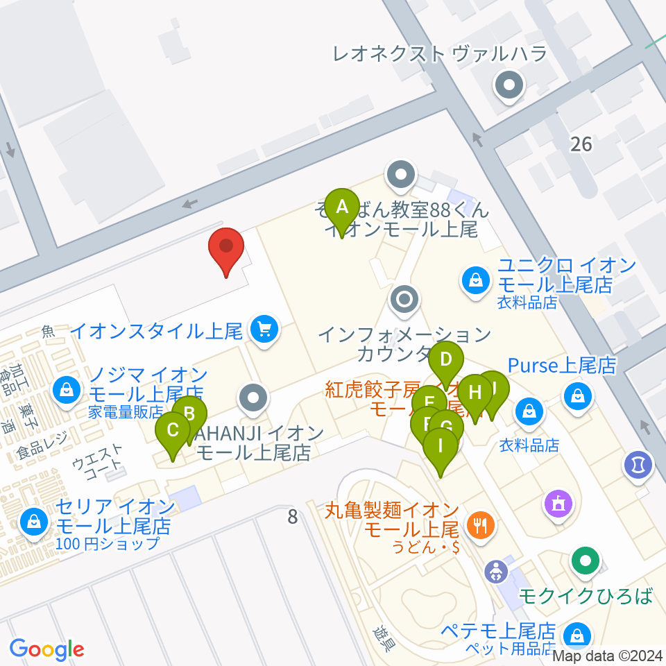 山野楽器イオンモール上尾店周辺のファミレス・ファーストフード一覧地図