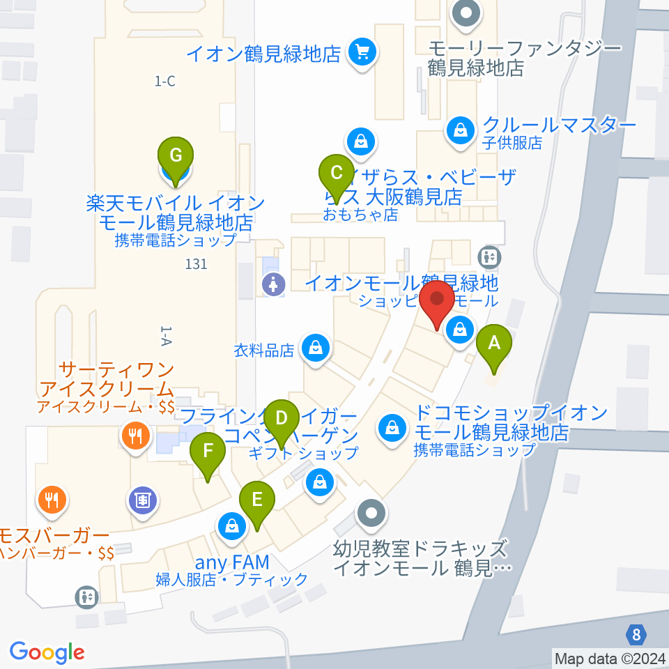 山野楽器 イオンモール鶴見緑地店周辺のファミレス・ファーストフード一覧地図