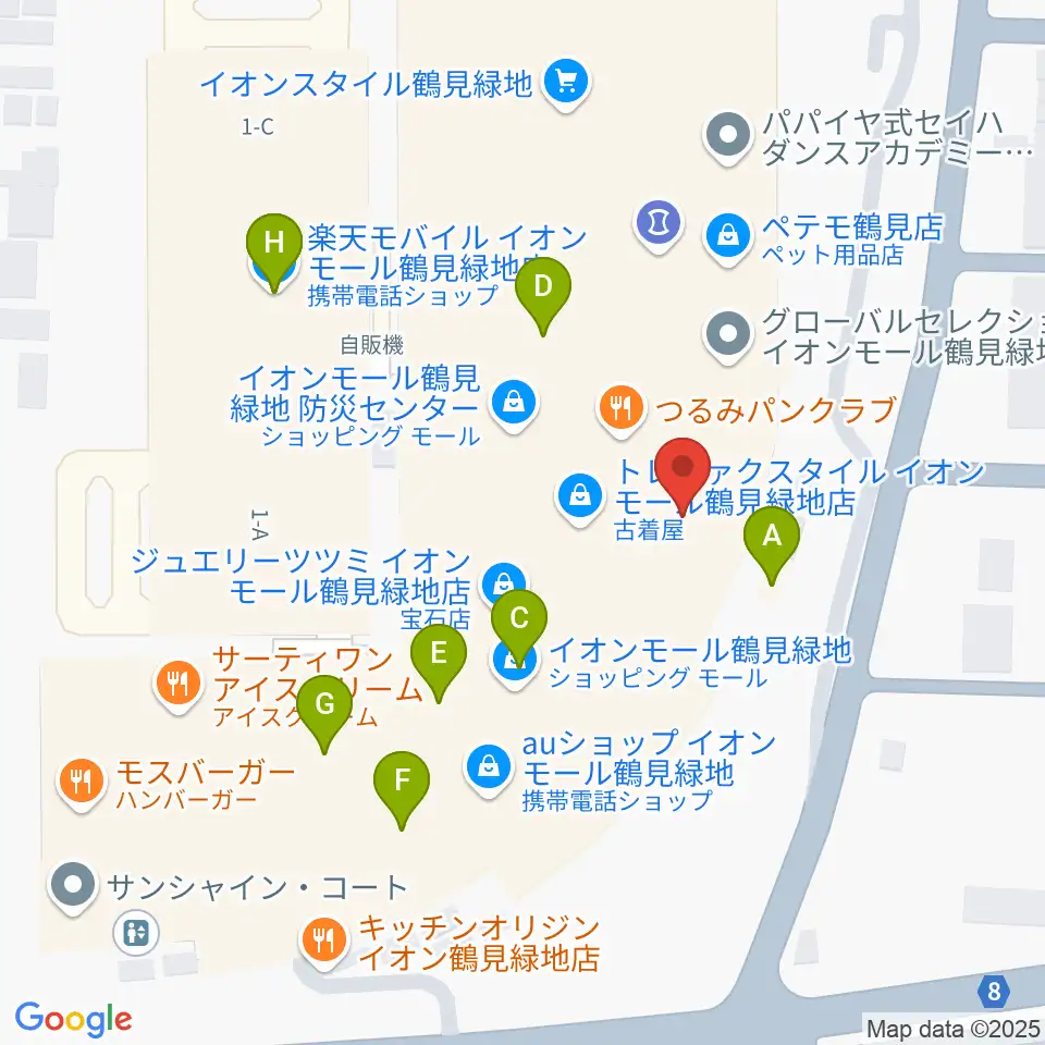 山野楽器 イオンモール鶴見緑地店周辺のファミレス・ファーストフード一覧地図