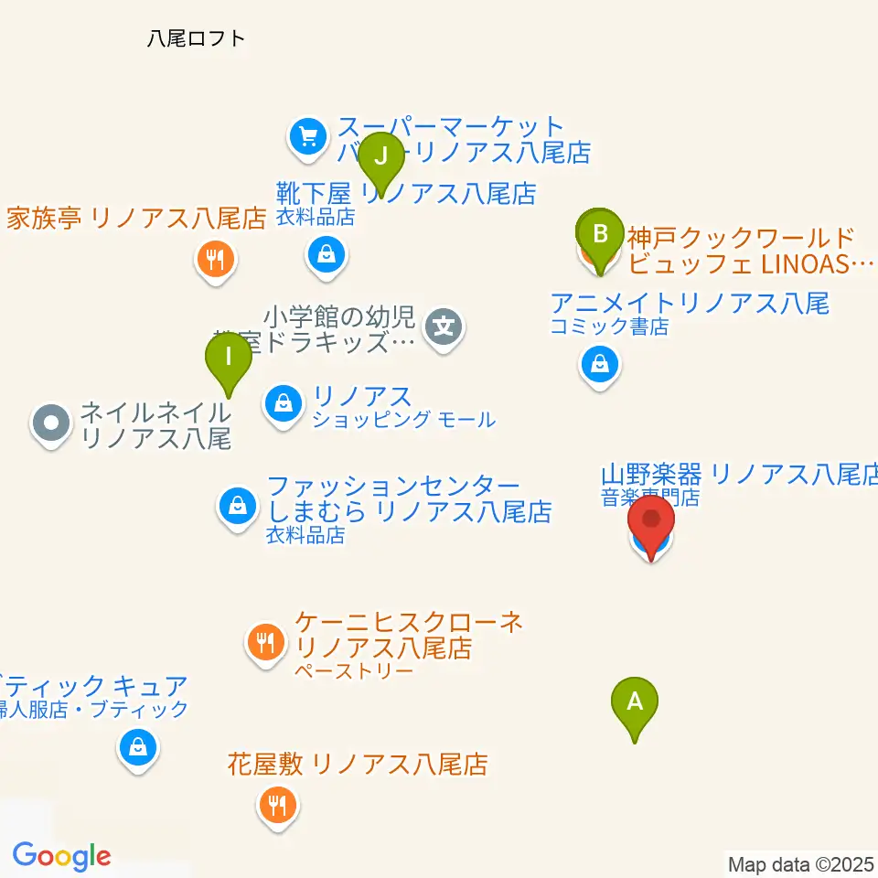 山野楽器 リノアス八尾店周辺のファミレス・ファーストフード一覧地図
