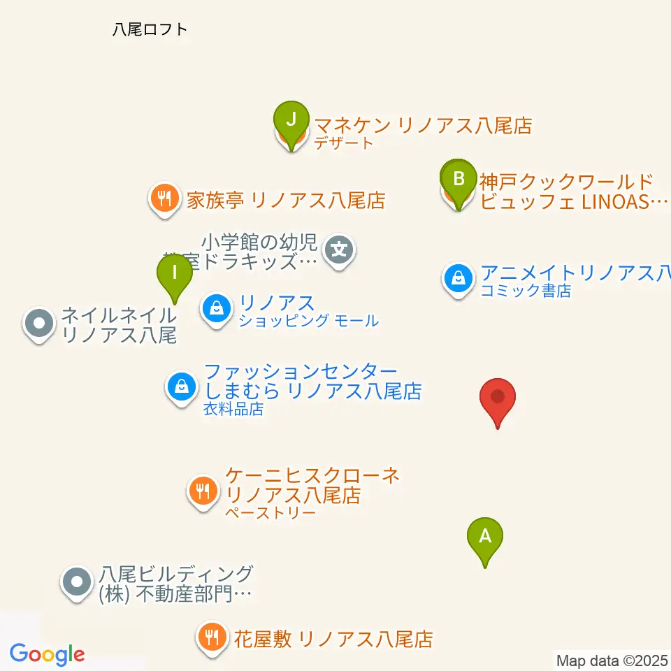 山野楽器 リノアス八尾店周辺のファミレス・ファーストフード一覧地図