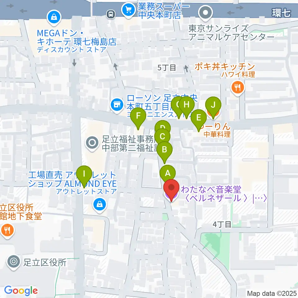 わたなべ音楽堂ベルネザール周辺のファミレス・ファーストフード一覧地図