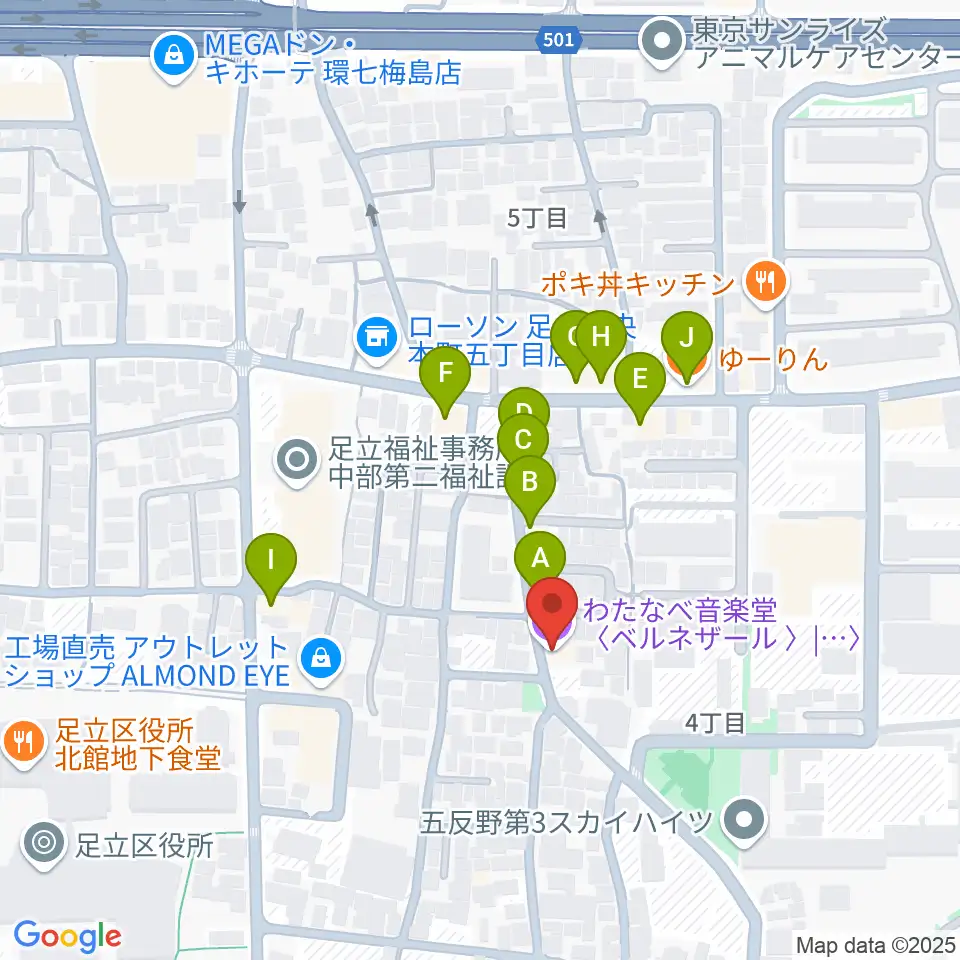 わたなべ音楽堂ベルネザール周辺のファミレス・ファーストフード一覧地図