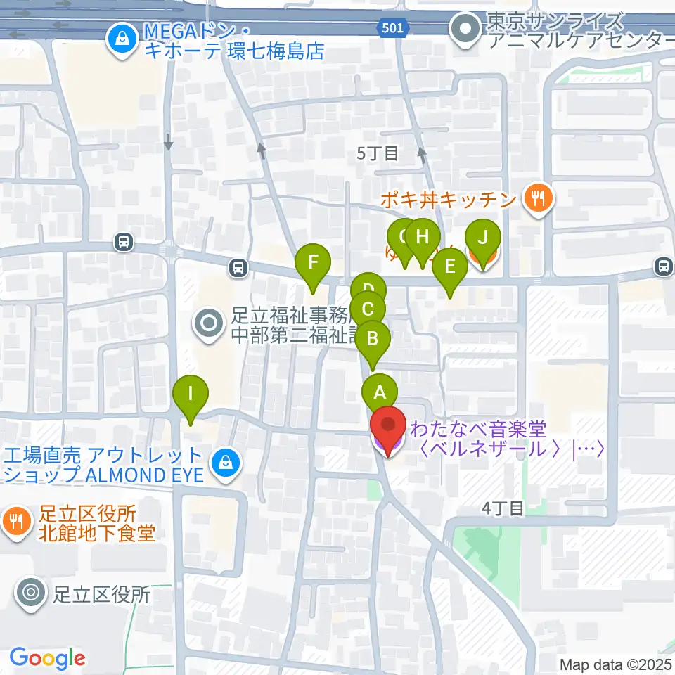 わたなべ音楽堂ベルネザール周辺のファミレス・ファーストフード一覧地図