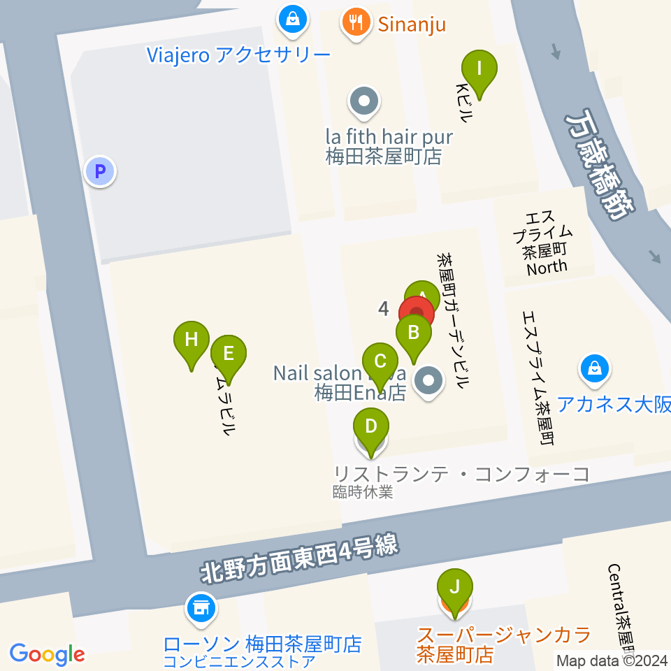 梅田アズールテラス周辺のファミレス・ファーストフード一覧地図