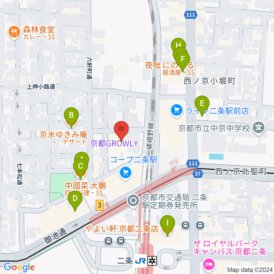 京都GROWLY周辺のファミレス・ファーストフード一覧地図