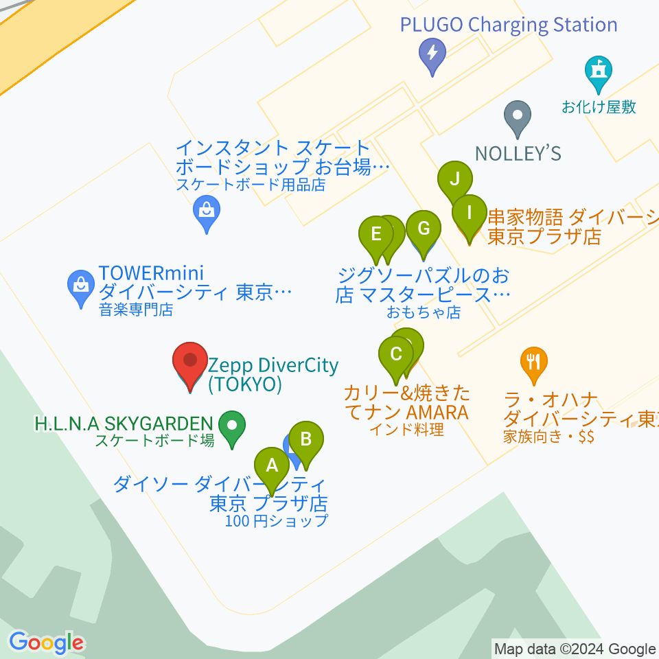 Zeppダイバーシティ東京周辺のファミレス・ファーストフード一覧地図