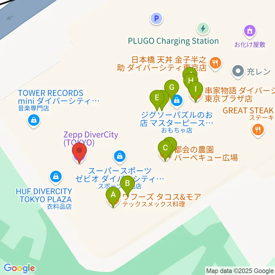 Zeppダイバーシティ東京周辺のファミレス・ファーストフード一覧地図