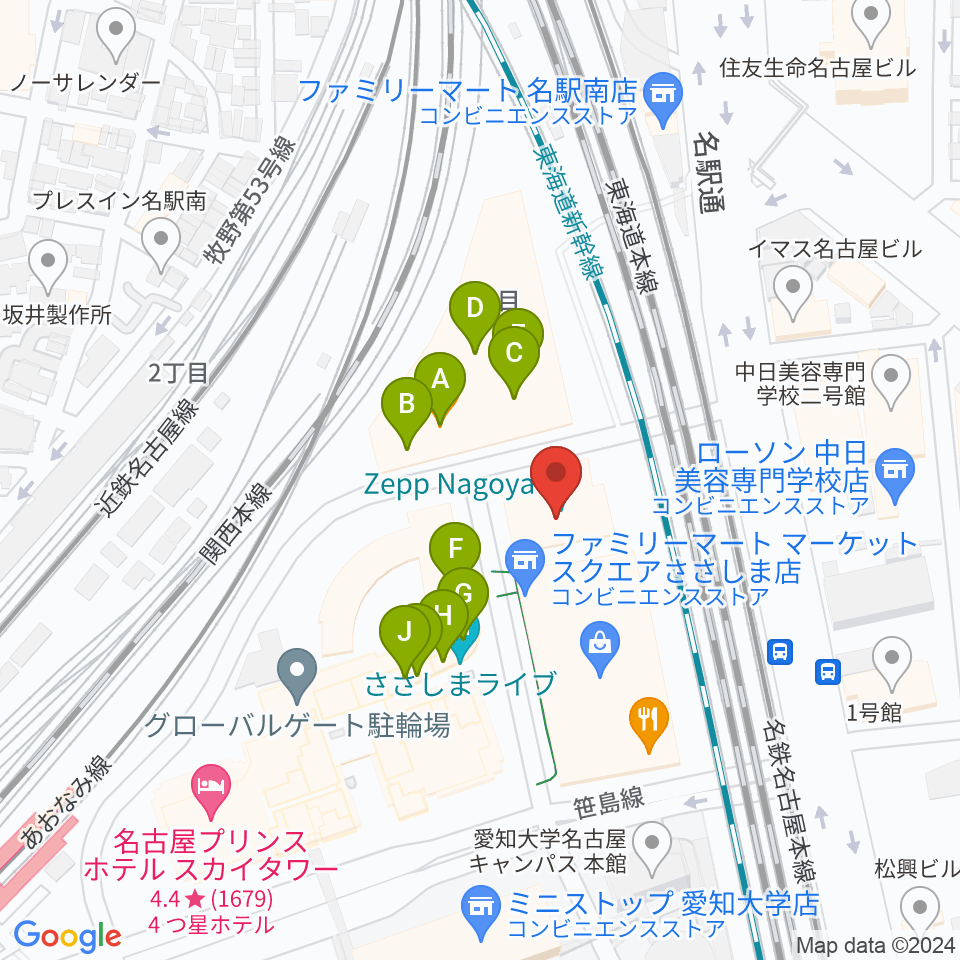 Zepp名古屋周辺のファミレス・ファーストフード一覧地図