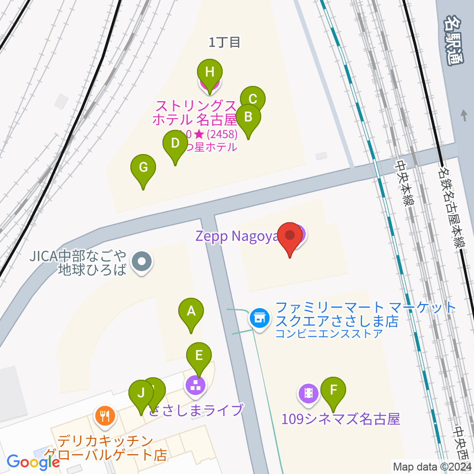 Zepp名古屋周辺のファミレス・ファーストフード一覧地図