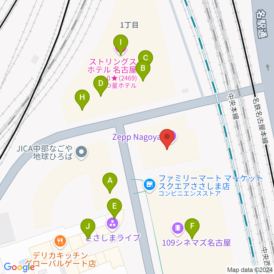 Zepp名古屋周辺のファミレス・ファーストフード一覧地図