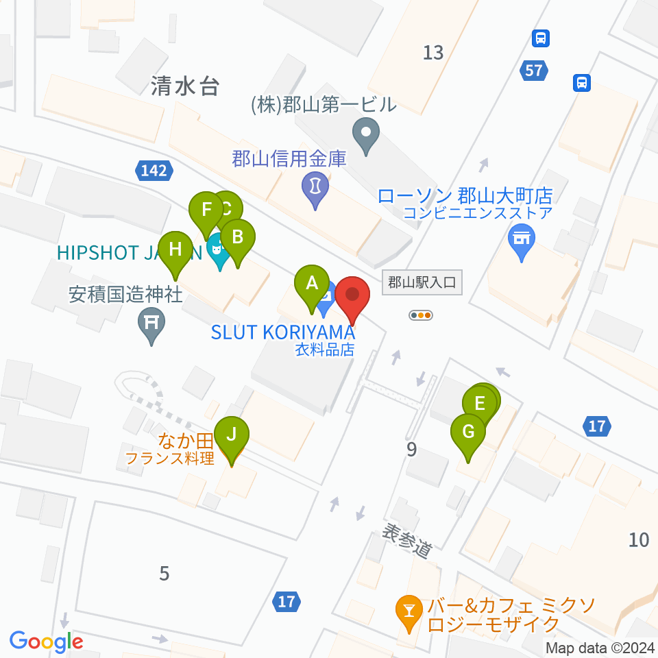 十字屋楽器周辺のファミレス・ファーストフード一覧地図