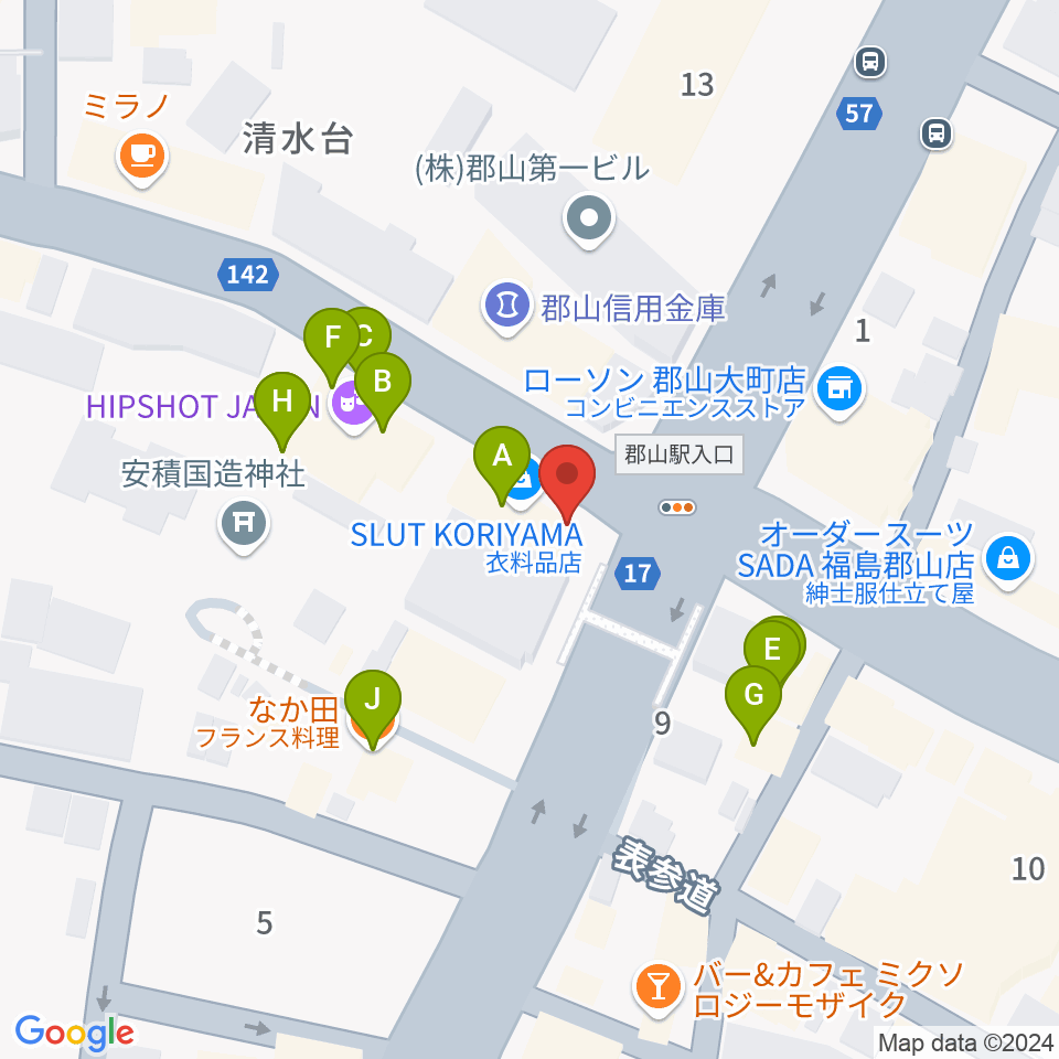 十字屋楽器周辺のファミレス・ファーストフード一覧地図