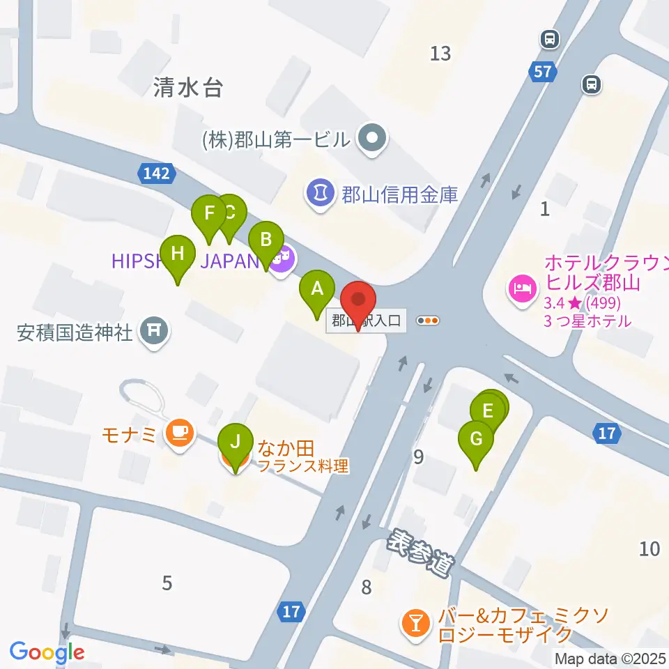 十字屋楽器周辺のファミレス・ファーストフード一覧地図