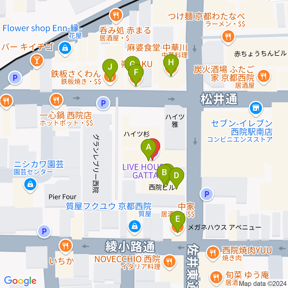 京都GATTACA周辺のファミレス・ファーストフード一覧地図