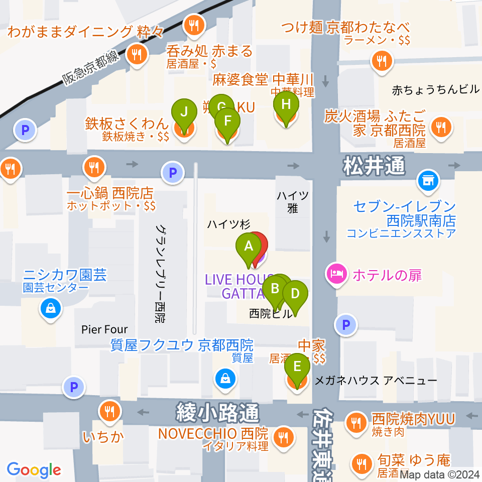 京都GATTACA周辺のファミレス・ファーストフード一覧地図