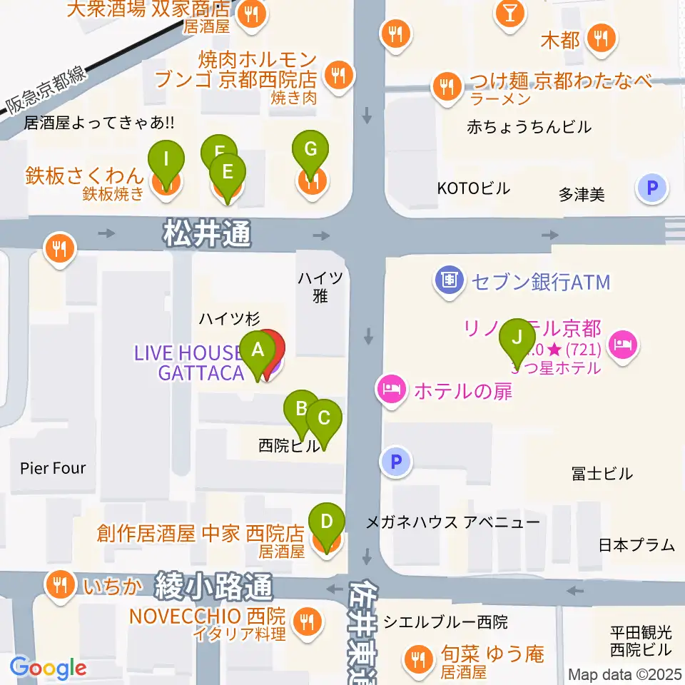 京都GATTACA周辺のファミレス・ファーストフード一覧地図