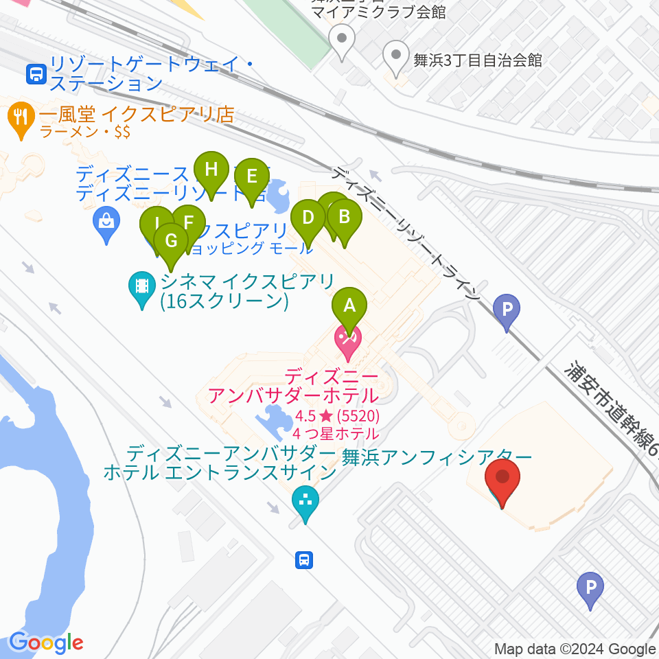 舞浜アンフィシアター周辺のファミレス・ファーストフード一覧地図