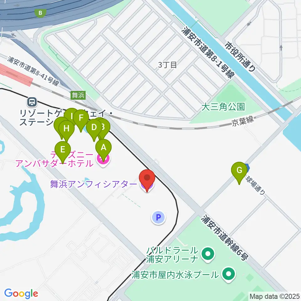 舞浜アンフィシアター周辺のファミレス・ファーストフード一覧地図