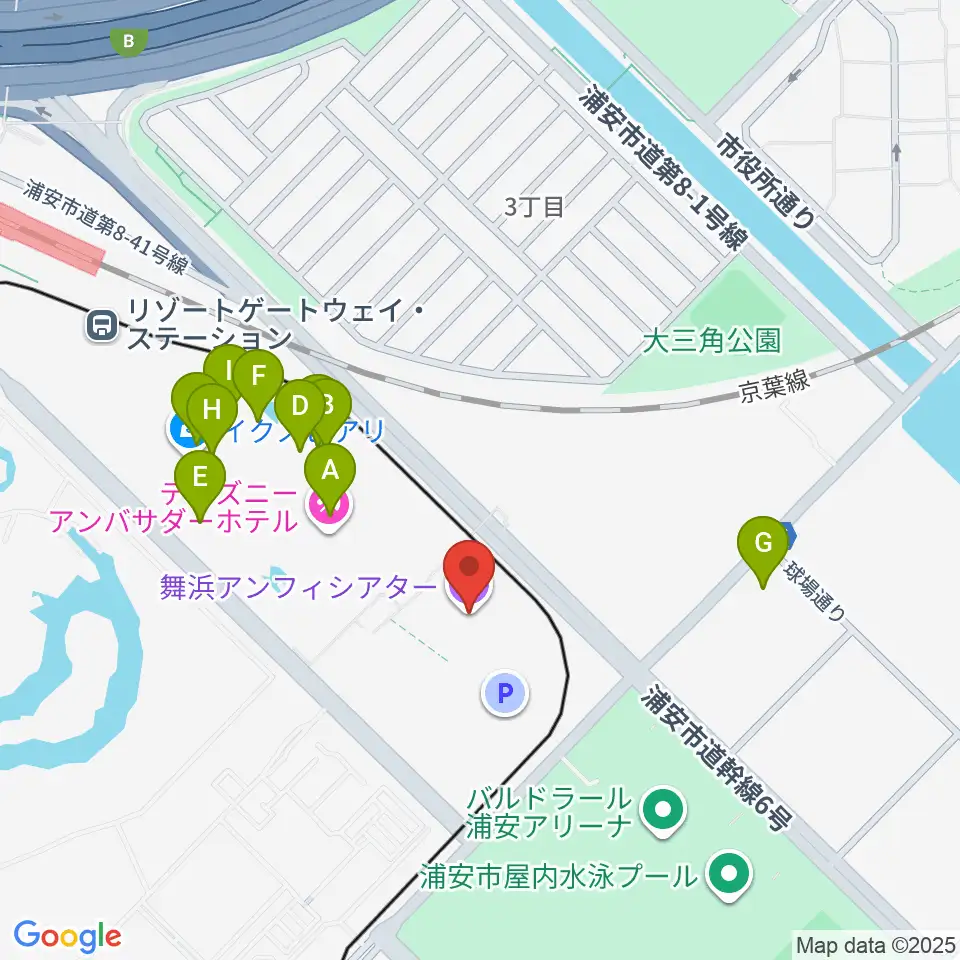 舞浜アンフィシアター周辺のファミレス・ファーストフード一覧地図
