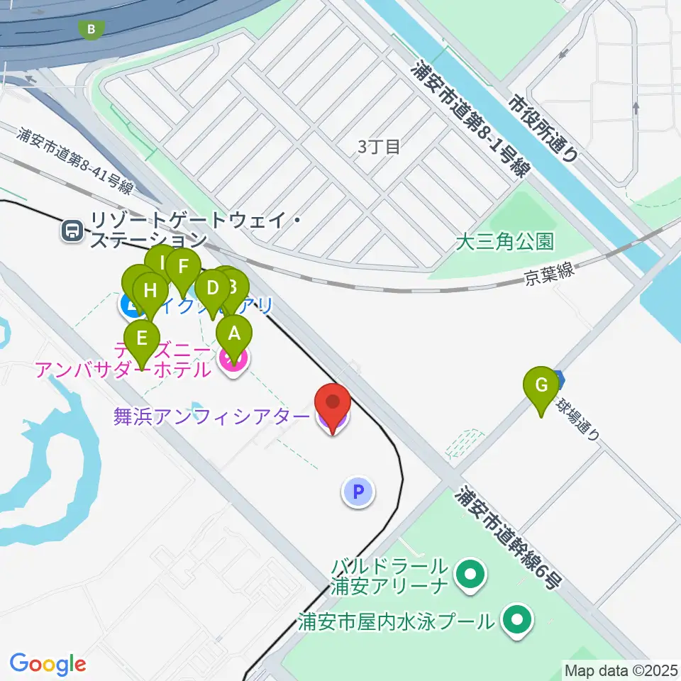 舞浜アンフィシアター周辺のファミレス・ファーストフード一覧地図