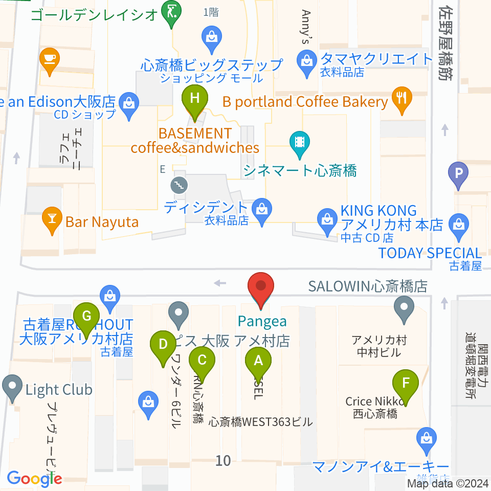 心斎橋パンゲア周辺のファミレス・ファーストフード一覧地図